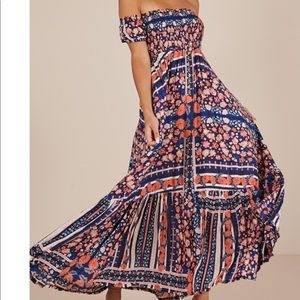 Showpo blue and pink mock maxi dress, strapless